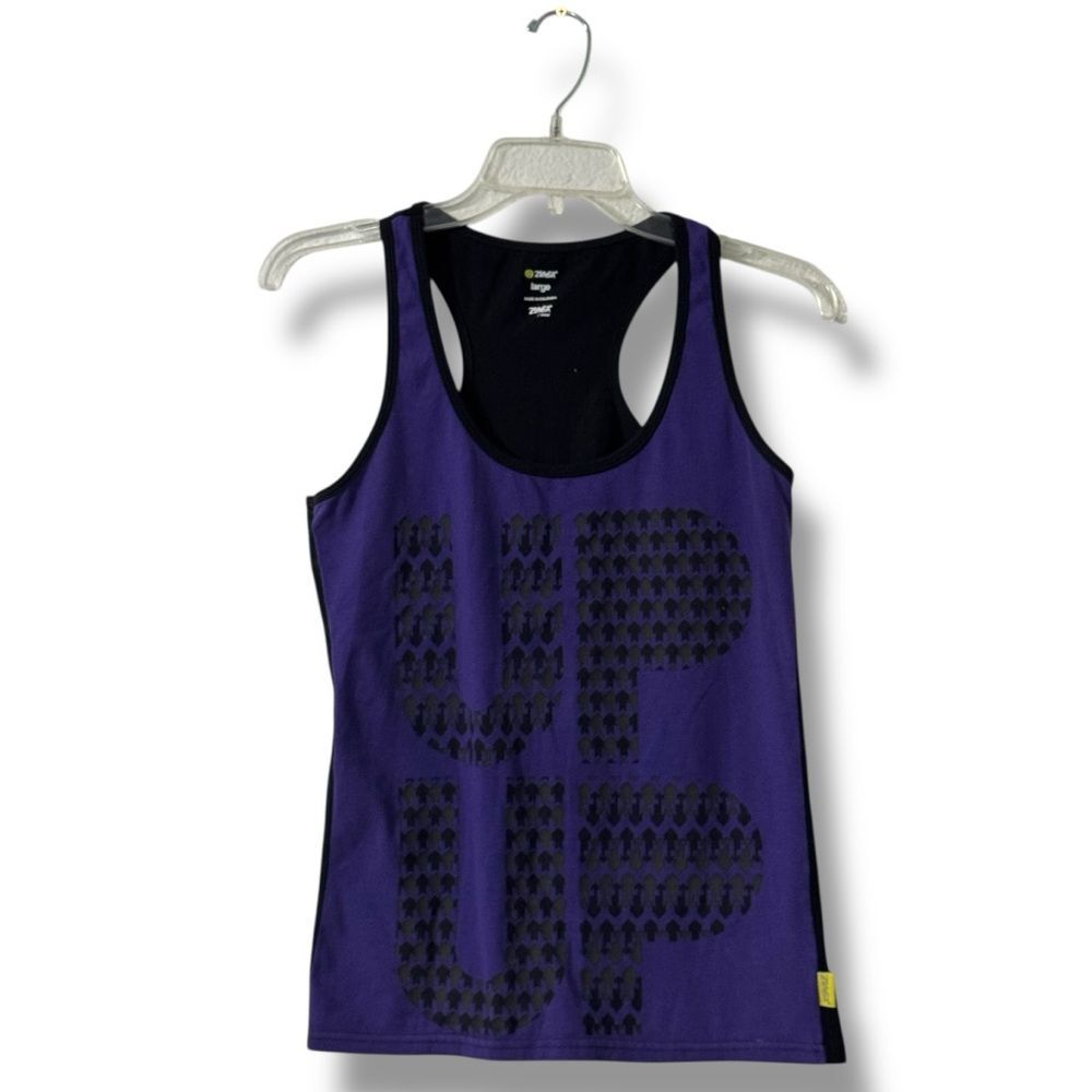 Zumba Women’s Racerback Tank Top Purple Black Up Down Graphic Size Large